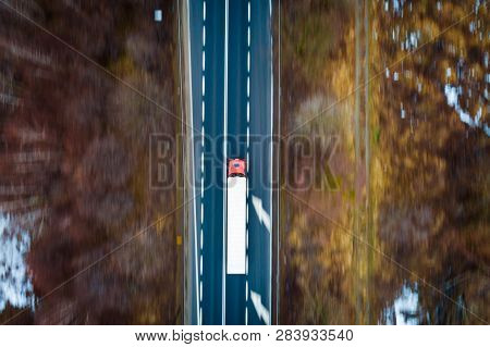 Aerial Drone View On Tir Truck On Asphalt Road