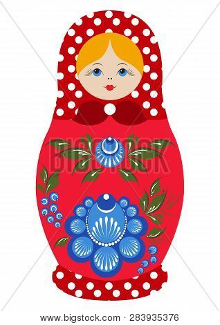 Traditional Souvenir Russian Floral Folk Matryoshka Doll, Gorodets Painting Stylization. Birds And F