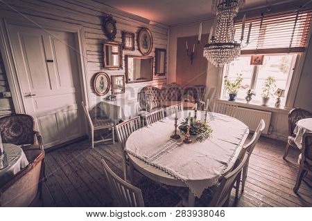 Vaxjo, Seden - October, 2018: Vintage Furniture, Decor Inside Classic Bergkvara Tantens Cafe, Beauti