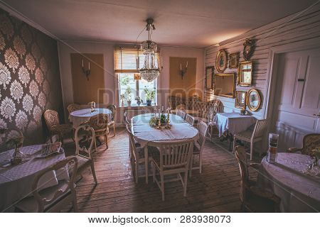 Vaxjo, Seden - October, 2018: Vintage Furniture, Decor Inside Classic Bergkvara Tantens Cafe, Beauti