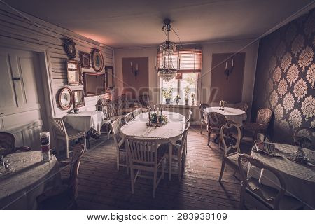 Vaxjo, Seden - October, 2018: Vintage Furniture, Decor Inside Classic Bergkvara Tantens Cafe, Beauti