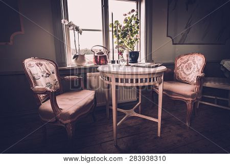 Vaxjo, Seden - October, 2018: Vintage Furniture, Decor Inside Classic Bergkvara Tantens Cafe, Beauti