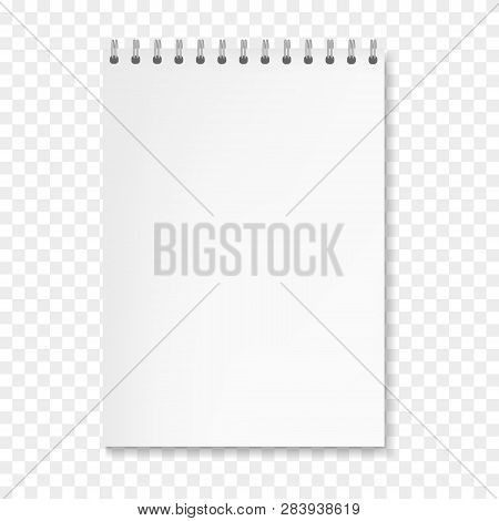 Realistic Vector Vertical White Sheet Notebook Mockup. Copybook With Blank Paper On Metallic Ring Sp