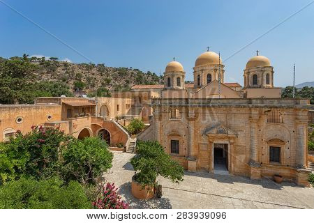 Chania, Greece - August 2018: The Monastery Of Agia Triada Of Tsagaroli In The Chania Region On The 