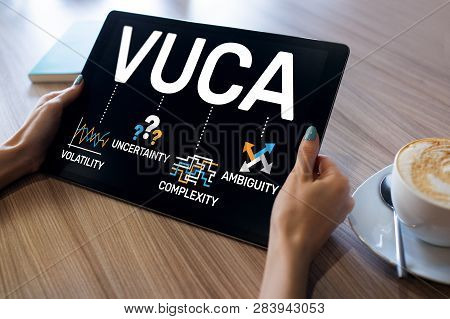 Vuca World Concept On Screen. Volatility, Uncertainty, Complexity, Ambiguity.