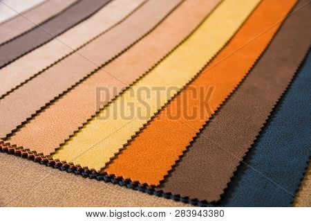 Colorful And Bright Fabric Samples Of Leatherette Furniture And Clothing Upholstery. Close-up Of A P
