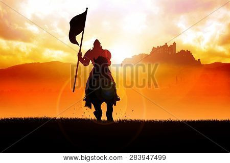 Silhouette Of A Medieval Knight On Horse Carrying A Flag On Dramatic Scene