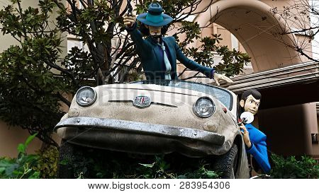 Osaka, Japan - Feb 11 2019 : Lupin The 3rd Car Chase Xr Ride At The Entrance Of Lupin And  Jigen Fig