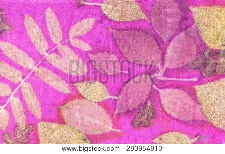 Botanical Print With Leaf Prints On Natural Silk. Hand-drawn Illustration.