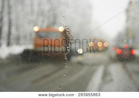 Warning Lights Of A Salt Spreader And Gritter Vehicles, View Throgh The Windshield