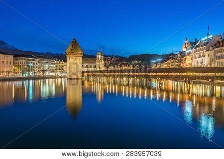 Luzern,switzerland - April 15, 2018: Panoramic View Of City Center Of Lucerne With Famous Chapel Bri