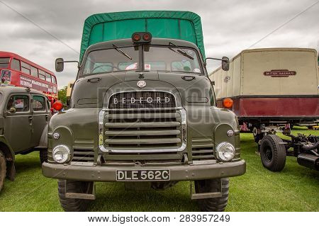 Enfield, Middlesex, England, Uk - May 24, 2015: Front View Of An Old Green Bedford Truck At A Car Sh