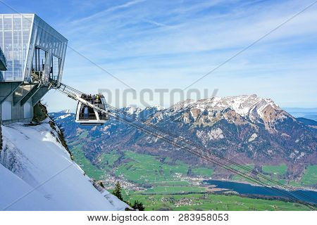 Stans, Switzerland - April 14, 2018: Mt. Pilatus As Seen From The Top Of Mt. Stanserhorn In The Begi