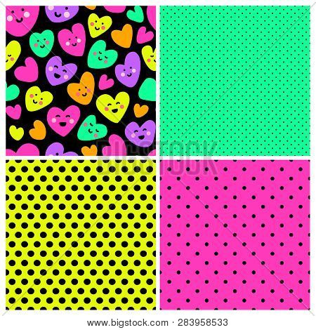 Cute Childish Seamless Patterns With Funny Kawaii Cartoon Characters Of Hearts In 80s Style