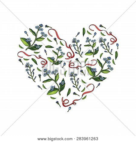 Heart Made Of Forget-me-nots And Ribbons. Template With Festive Romantic Elements For Your Season De
