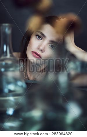Beauty Portrait Of Girl With Water And Reflections. Hight Quality Retouching Photo. Fashion Model.