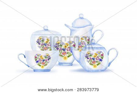 Watercolor Floral Tea Set With Shadows On White