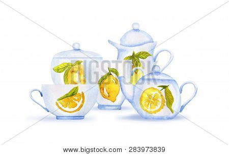 Watercolor Citric Tea Set With Shadows On White