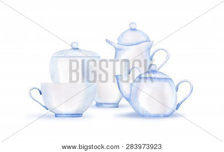Watercolor Tea Set With Shadows On White Background