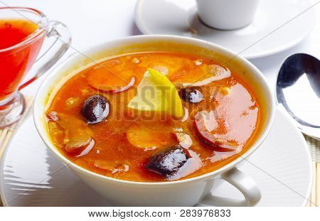 Spicy Hodgepodge Soup Of Vegetables And Meat