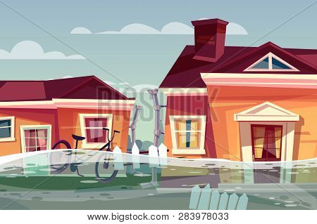 Houses In Flood Illustration Of Buildings Under Deluge Water Flowing In Street. Nature Disaster, Cat
