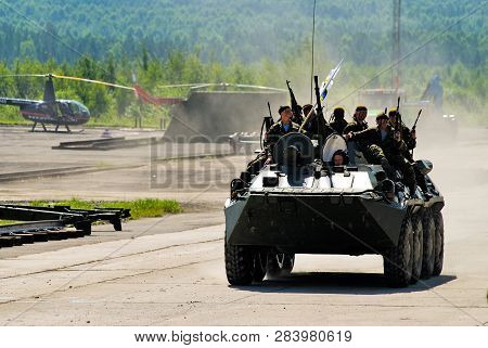 Nizhniy Tagil, Russia - July 12. 2008: Group Of Special Forces Unload From Btr-82a Armoured Personne