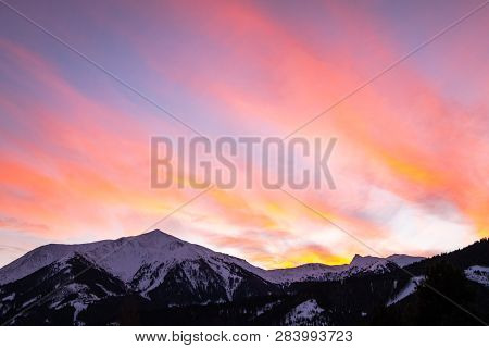View From Holiday Resort Hohentauern To Sunset Over Snowy Mountains Bruderkogel, Steinermandl And Sc