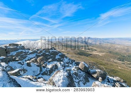 Panoramic View Of The Sierra De Avila With Neveros And The Background Of The City Of Avila