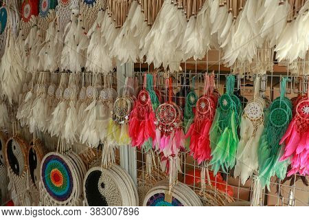 Various Design Of Dream Catchers Selling In The Store. Dream Catchers In The Shop, Close Up Of Dream