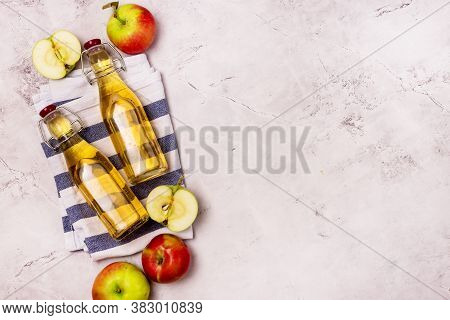 Bottles Of Apple Vinegar And Ripe Apples On Light Gray Background Top View Flat Lay Apple Cider