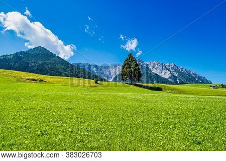 Landscape View Near Lake Walchsee Near Koessen At The Wilder And Zahmer Kaiser In Tirol, Austria.