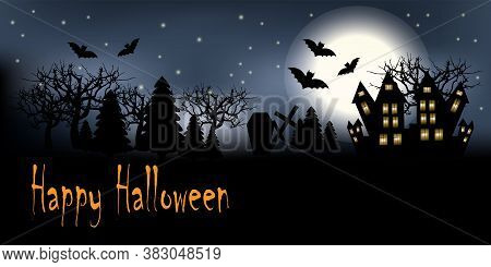 Grungy Halloween Background With Haunted House, Bats And Full Moon
