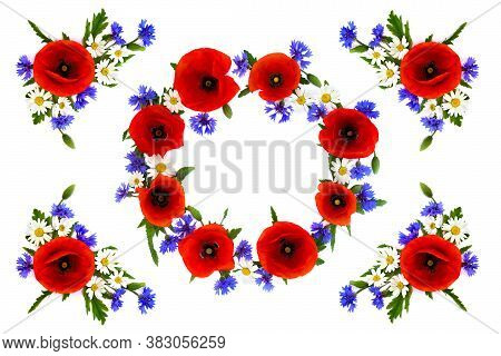 Wreath Of Red Poppies, Cornflowers And Chamomile On White Background With Space For Text. Flat Lay, 