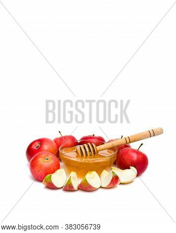 Honey And Red Apples On A White Background With Space For Text
