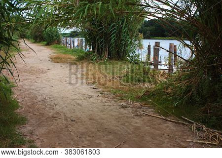 Dusty Sand Path That In The Nature Of The Plants Runs Along The River Water In Tuscany