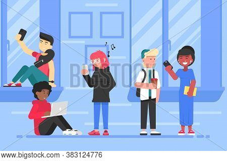 Technology, Communication, Studentship, Multiculture, Education Concept. Group Of Young Multiracial 