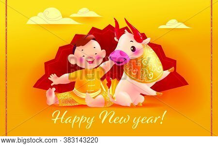 Chinese New Year Congratulation Card, Invitation, Calendar Design With Oriental Animal Bull Mascot A