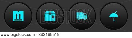 Set Cardboard Box With Traffic, Delivery Fragile Content, Truck Boxes And Umbrella And Rain Drops Ic