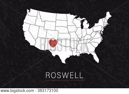 Love Roswell Picture. Map Of United States With Heart As City Point. Vector Illustration