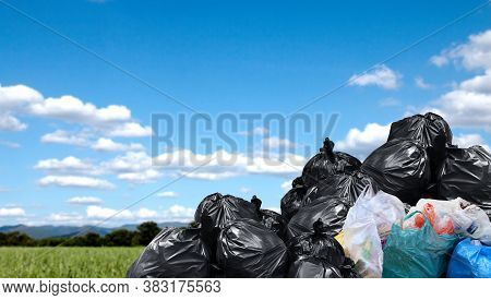 Garbage Bags Large Pile, Plastic Garbage Waste Big Stack, Lot Of Waste Bag And Sky Background, Copy 