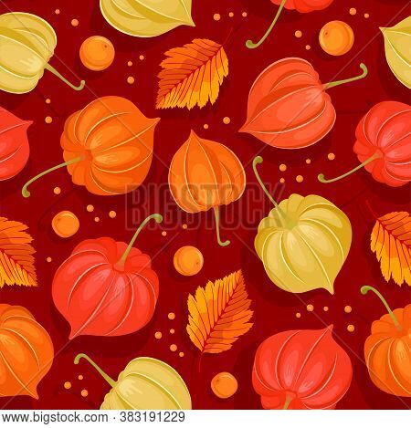 Seamless Pattern In Red And Orange Tones With Autumn Leaves And Physalis Franchetii Or Winter Cherry