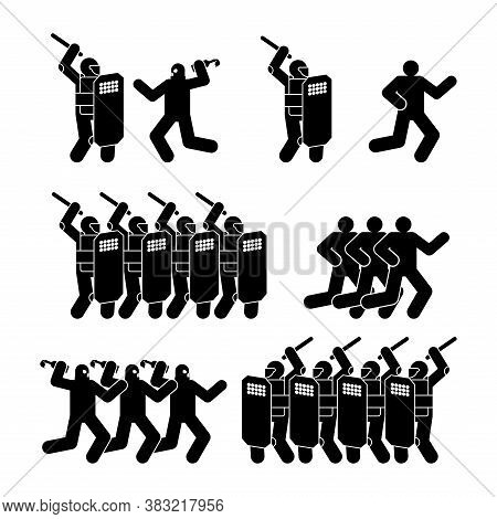 Riot Police And Protesters Icon Set. Sign Street Protests. Preventing Overthrow Of State Power. Demo