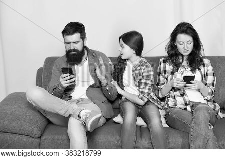 Dad And Mom Ignoring Daughter Needs. Bad Habits. Parenthood Failure. Ignored Baby. Offended Feelings