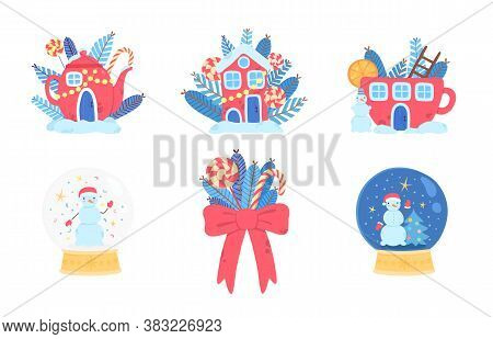 Christmas Icons Set. Red Tea Pot With Candies, Holiday Red Xmas House, Glass Snowglobe With Snowman,