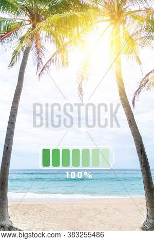 Fully Charge Battery 100% Sign Icon On Natare Summer Beach On Vacation Day. Holiday Long Weekend Rel