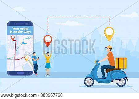 Online Delivery Service Concept. Men Order Food Via Smartphone. Delivery Home And Office. Scooter Co