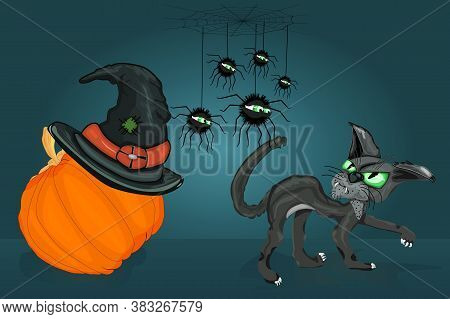 Black Cat And Spiders Look At Each Other. Cat, Spiders, Pumpkin With Witch Hat. Spiders Hanging On T