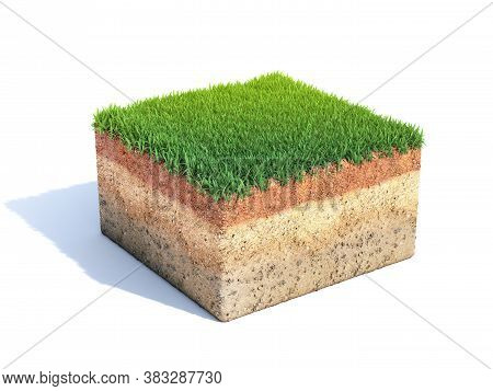 Cubic Cross Section Of Ground With Grass, Ecology, Geology Concept, Soil Sample Isolated On White, 3