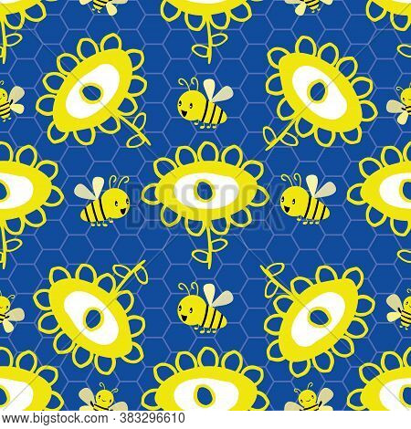 Vector Childlike Drawing Of Flowers And Kawaii Style Bees Seamless Pattern Background. Fun Backdrop 