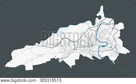 Bern Map. Detailed Vector Map Of Bern City Administrative Area. Poster With Streets And Water On Gre